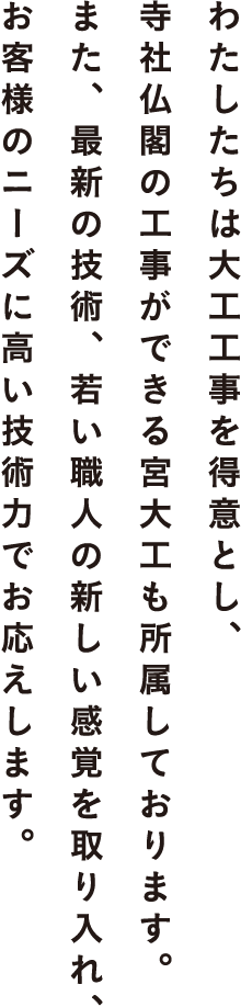 わたしたちは大工工事を得意とし、寺社仏閣の工事ができる宮大工も所属しております。また、最新の技術、若い職人の新しい感覚を取り入れ、お客様のニーズに高い技術力でお応えします。